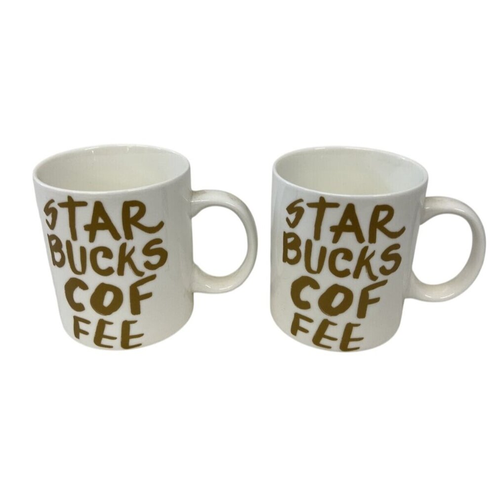 Pair of 2015 Starbucks Coffee Mug White Gold Graffiti Text